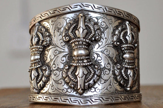Vintage Triple Vajra (Thunderbolt) Cuff Bracelet - Stamped and Tested Sterling Silver - Tibetan Silver Jewelry