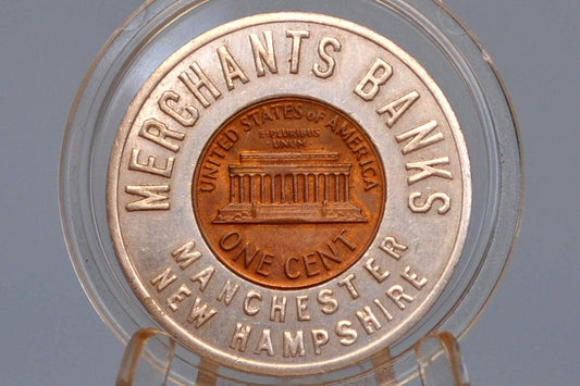 Merchant Bank Manchester NH Good Luck Token - Who says we never give free samples? - The Friendly Bank - Good Luck Pocket Piece 1972 Encased