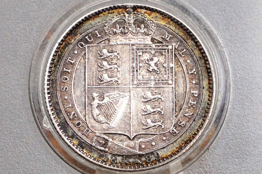 1889 Shilling - Choice AU, Rainbow Toned, Great Luster - 1889 Great Britain Silver 1 UK One Shilling 1889 Queen Victoria 1 Shilling 1889 Ste