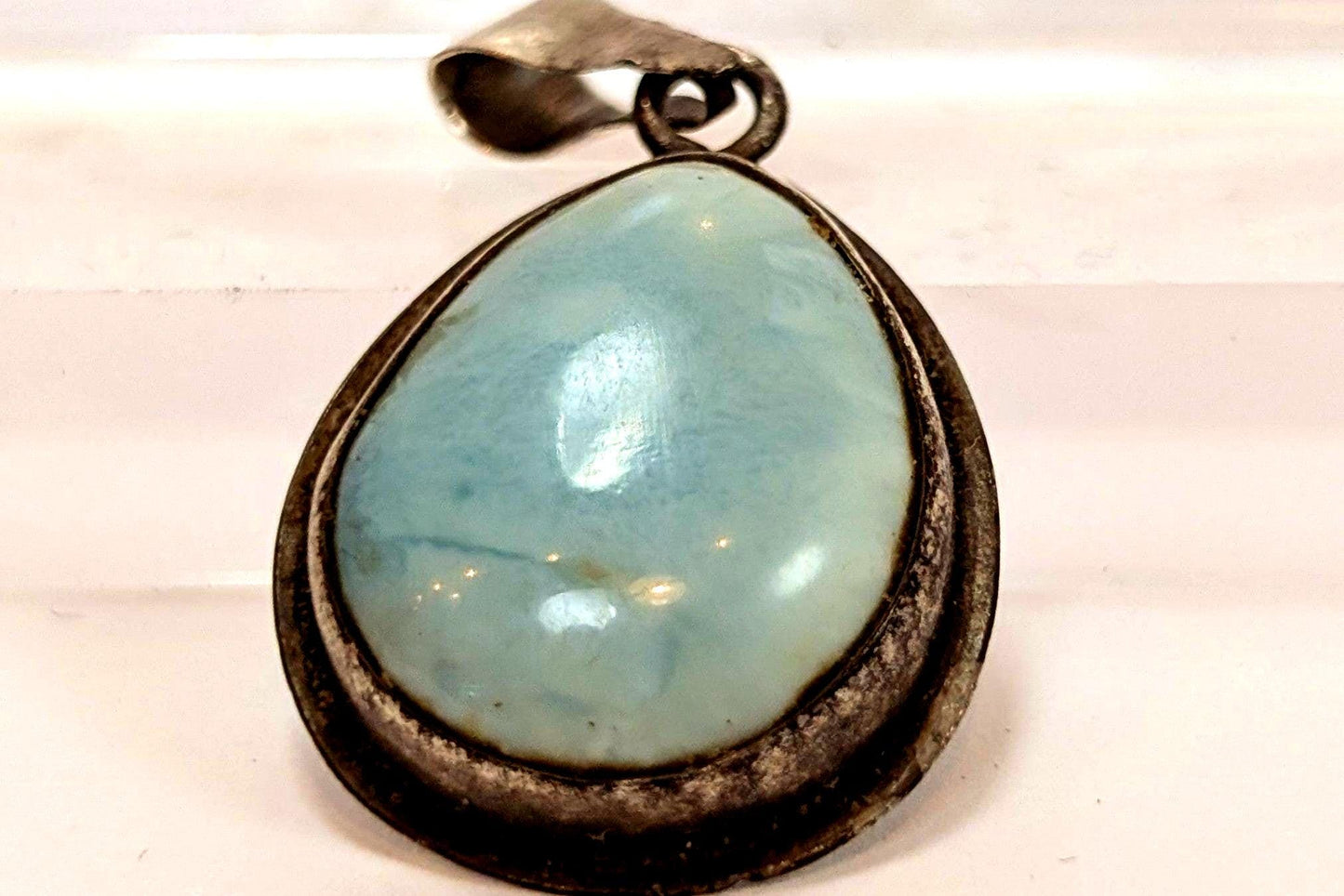 Sterling Larimar Stone Teardrop Pendant - Tested Sterling Silver - Dominican Republic Jewelry