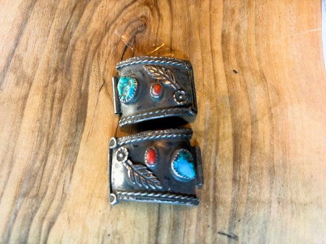 Sterling Silver Navajo Turquoise & Red Coral Feather Watch Tabs