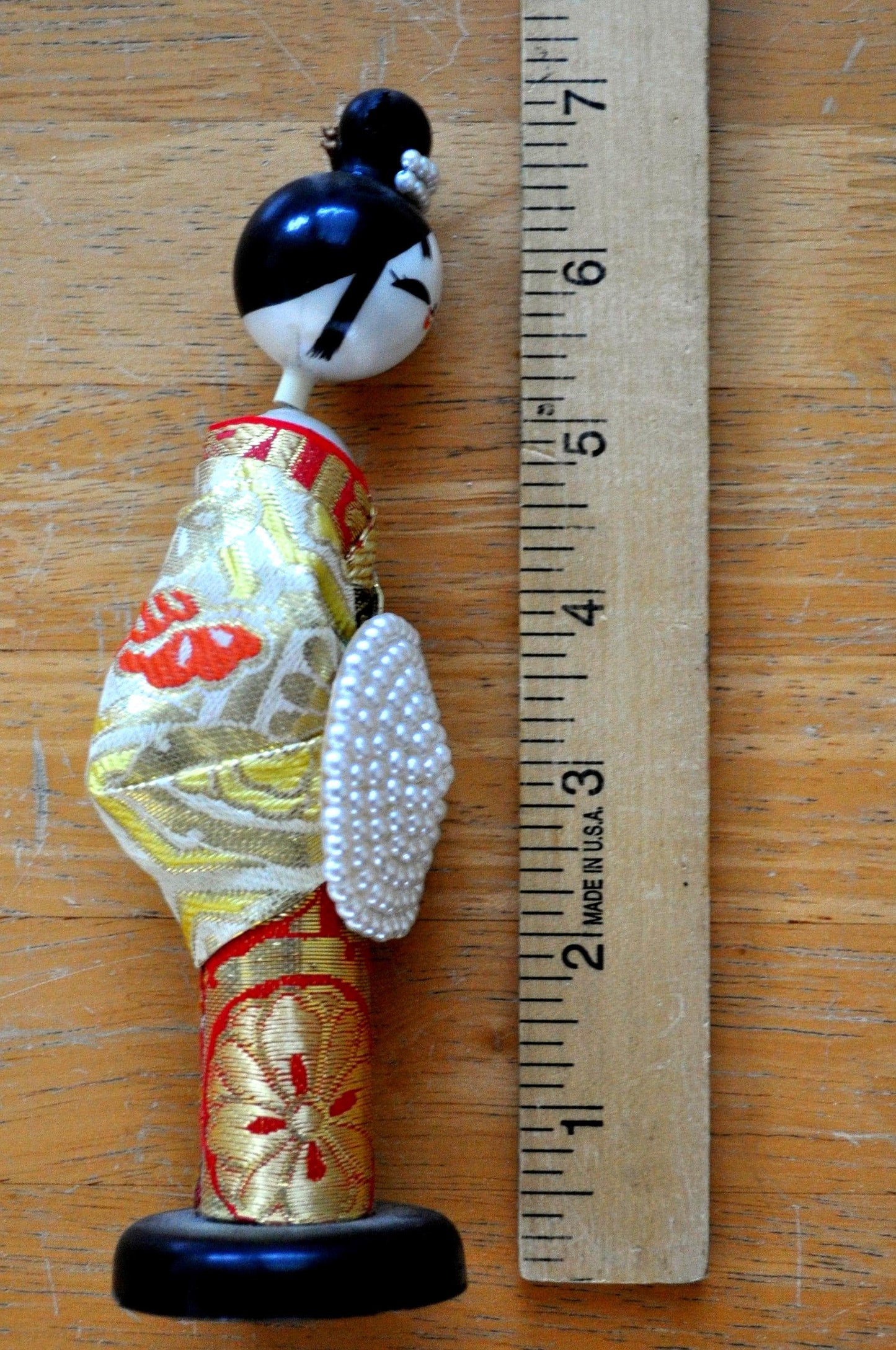 Antique Japanese Kokeshi Doll Hand Painted Faux Pearls - Japanese Kokeshi Vintage Handmade Doll