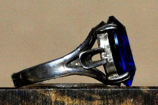 Vintage Cobalt Blue Glass Sterling Ring - Antique Style Silver Blue Glass Statement Ring Sz 12