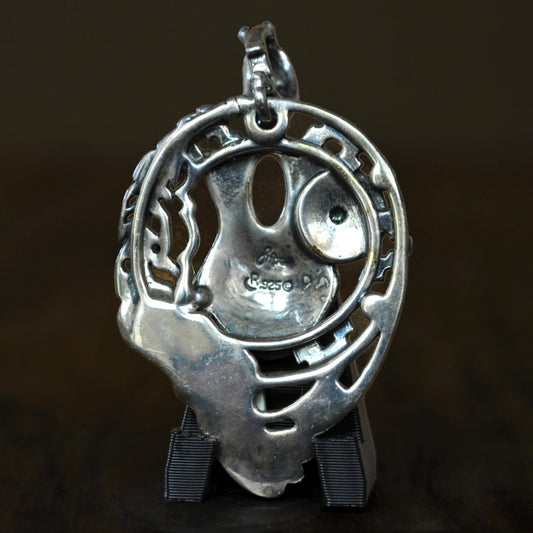 Sterling Silver Pendant Southwestern Tribal Motif Pottery Feather and Turquoise Accents - Natural Turquoise and Stone Feather Accents Sterli