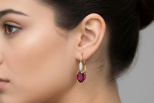 14K Gold Oval Cut Ruby and Small Diamond Accent Lever Back Drop Earrings - Bright Red Rubies - 14K Yellow Gold Ruby Earrings