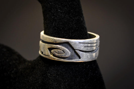 Vintage Hopi Sterling Silver Overlay Ring Size 11.5 - Signed Native American Sterling Silver Spiral Overlay Band Size 11.5