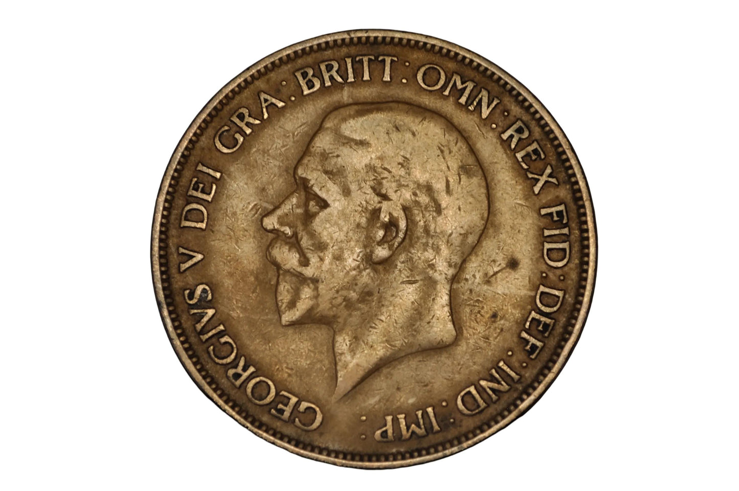 1929 Great Britain One Penny Major Vertical Lamination Error - 1929 George V British Penny Planchet Flaw / Lamination Peel