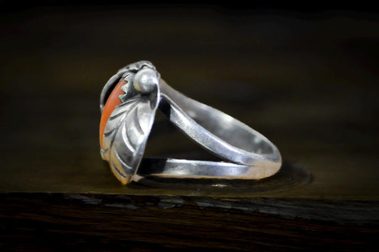 Vintage Native American Southwest Coral Double Leaf Ring - Size 5 - Tested Sterling Silver - Zuni Coral Double Leaf Ring