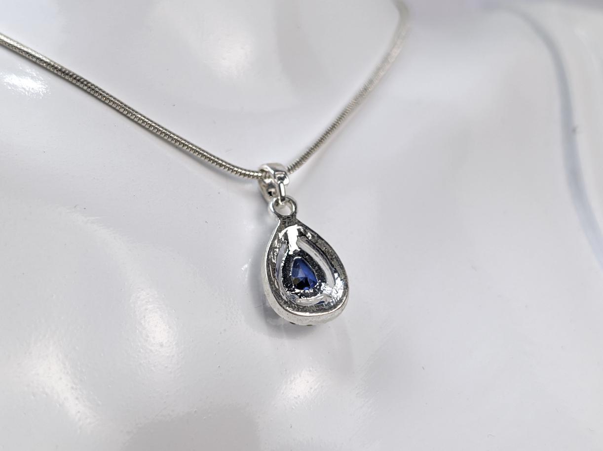 Blue Sapphire Pear Shaped Necklace Pendant - Teardrop Blue and White Sapphire Necklace Charm