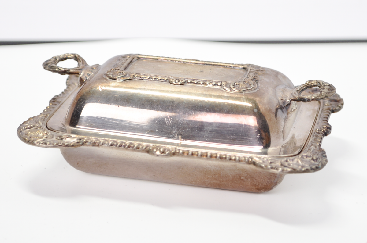 Vintage English Silver-Plated Lidded Butter Dish Mini Entree Numbered 44072 - Vintage Ornate English Silver-Plated Lidded Miniature Butter Dish