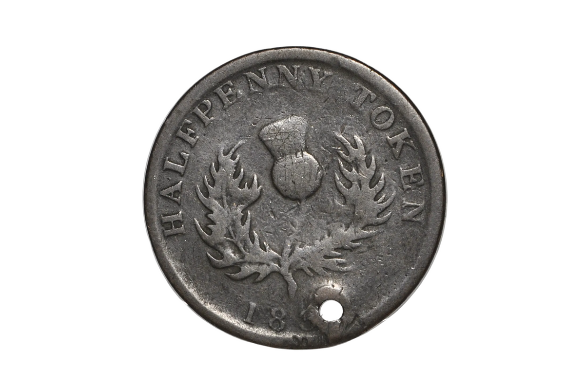 Holed 1832 Province of Nova Scotia Halfpenny Token -1832 Nova Scotia Half Penny Token Holed for Pendant