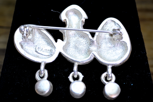 Vintage Silver-Tone Easter Brooch with Hatching Chick and Decorated Eggs -Enameled Easter Egg Bar Pin with Dangle Crystal Charms