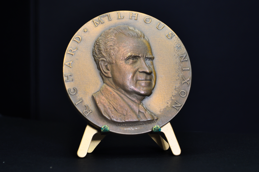 1969 High Relief Large Richard Nixon Medallic Art Co. Bronze Medal - Vintage Richard Milhouse Nixon 1969 High Relief Medallion & Stand