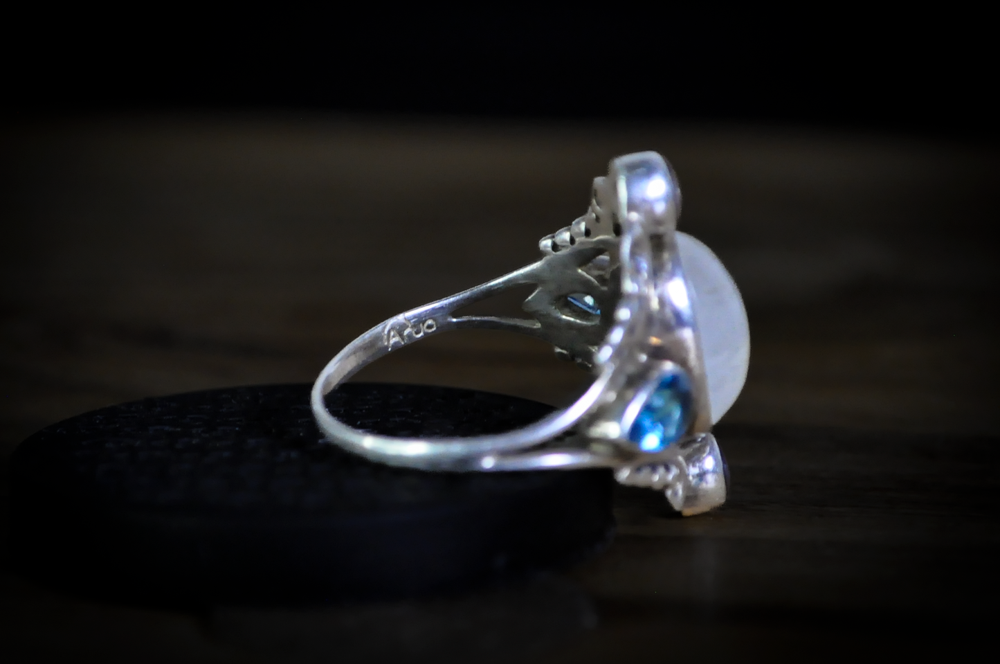 Rainbow Moonstone Multi-Stone Statement Ring 925 Sterling Silver Size 8.5 - Oval Rainbow Moonstone Cabochon Ring with Blue Topaz and Tanzanite Accents, Size 8.5