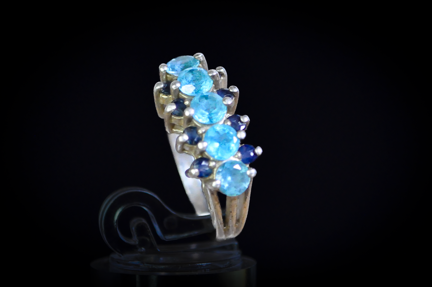 Vintage Sterling Silver Blue Topaz and Sapphire 3-Row Band Ring - Multi-Row Blue Topaz & Dark Blue Sapphire Statement Ring in 925 Silver