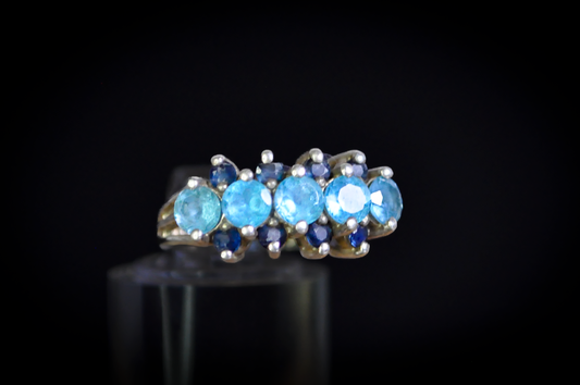 Vintage Sterling Silver Blue Topaz and Sapphire 3-Row Band Ring - Multi-Row Blue Topaz & Dark Blue Sapphire Statement Ring in 925 Silver