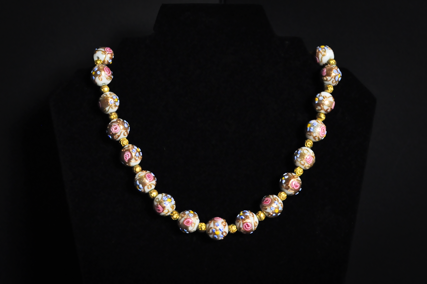 Vintage Murano Glass Wedding Cake Bead Necklace with Fiorato Pink Roses - Handmade Venetian Art Glass Floral Bead Necklace with Gold Foil Accents