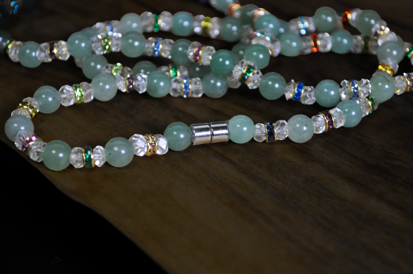 Long Light Green Gemstone Necklace with Multi-Color Accent Beads - Eclectic Jade Layering Necklace featuring Faceted Crystal and Glass Beads