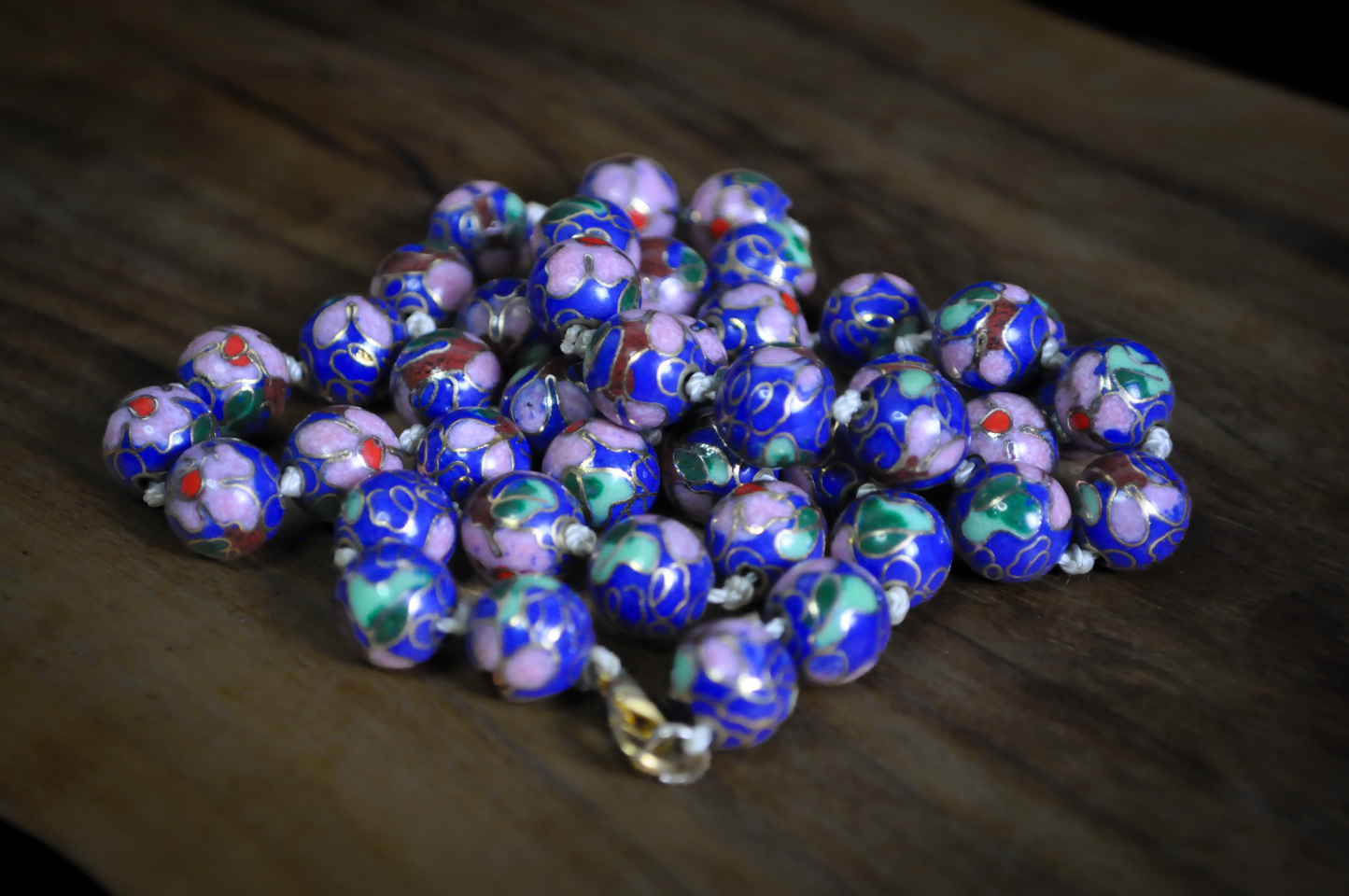 Vintage Chinese Export Cloisonne Bead Necklace - Cobalt Blue Enamel Floral Knotted Strand Chinese Cloisonne Necklace
