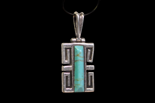 Vintage Sterling Silver Turquoise Inlay Geometric Pendant - Handcrafted Southwestern Style Sterling Silver and Turquoise Rectangular Pendant