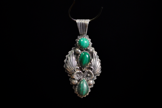 Vintage Navajo Sterling Silver Malachite Pendant by Mike & Rita Begay - Handcrafted Navajo Malachite & Sterling Silver Bolo Style Pendant, Signed RB