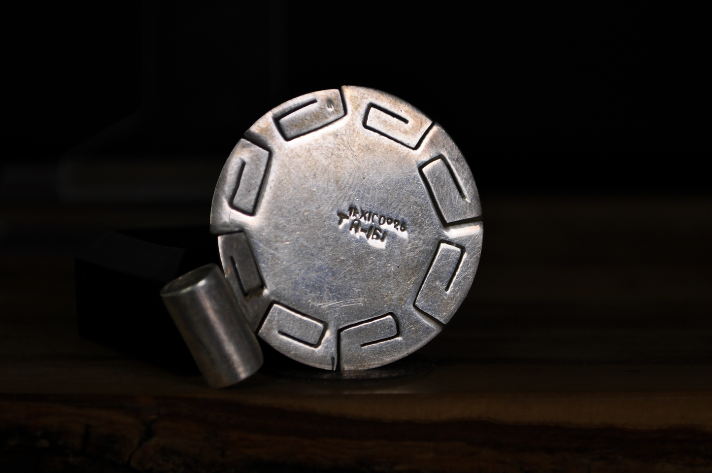 Vintage Mexican Sterling Silver Turquoise Round Greek Design Pendant - Sterling Silver Round Turquoise Cabochon Pendant with Greek Motif