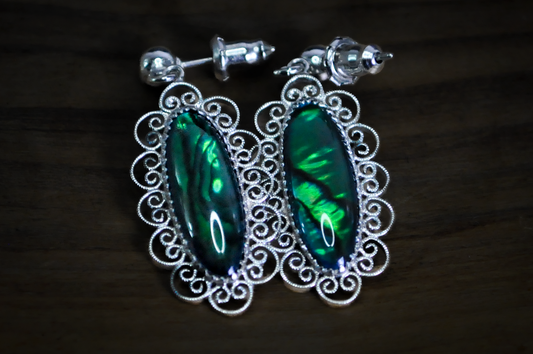 Vintage Paua Abalone Shell Silver Filigree Dangle Earrings - Abalone Paua Shell Dark Green Hue Filigree Dangle