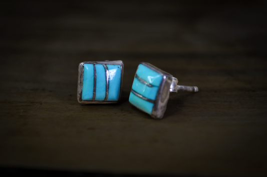 Sterling Silver Turquoise Native American Channel Inlay Earring - Native American Turquoise Channel Inlay Stud Earrings