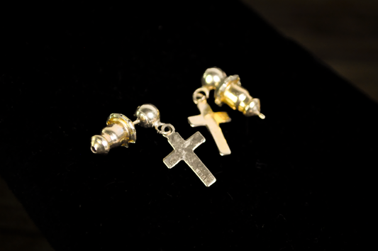 14K Yellow Gold Earrings Religious Cross Stud Dangles 0.8g - Vintage Dainty 14k Yellow Gold Cross Earrings 0.8g