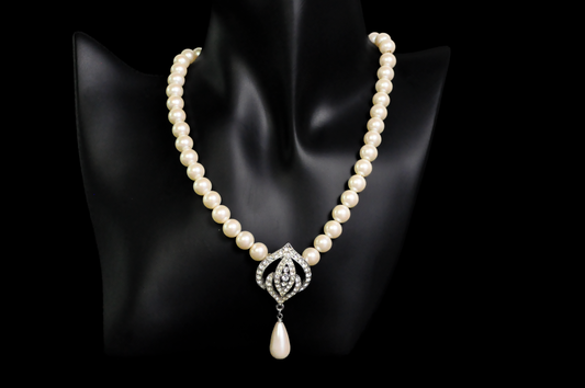 Vintage Signed Marvella Faux Pearl Necklace and Earring Set - Marvella Vintage Bridal Jewelry Set Pearl Rhinestone Choker and Teardrop Earrings