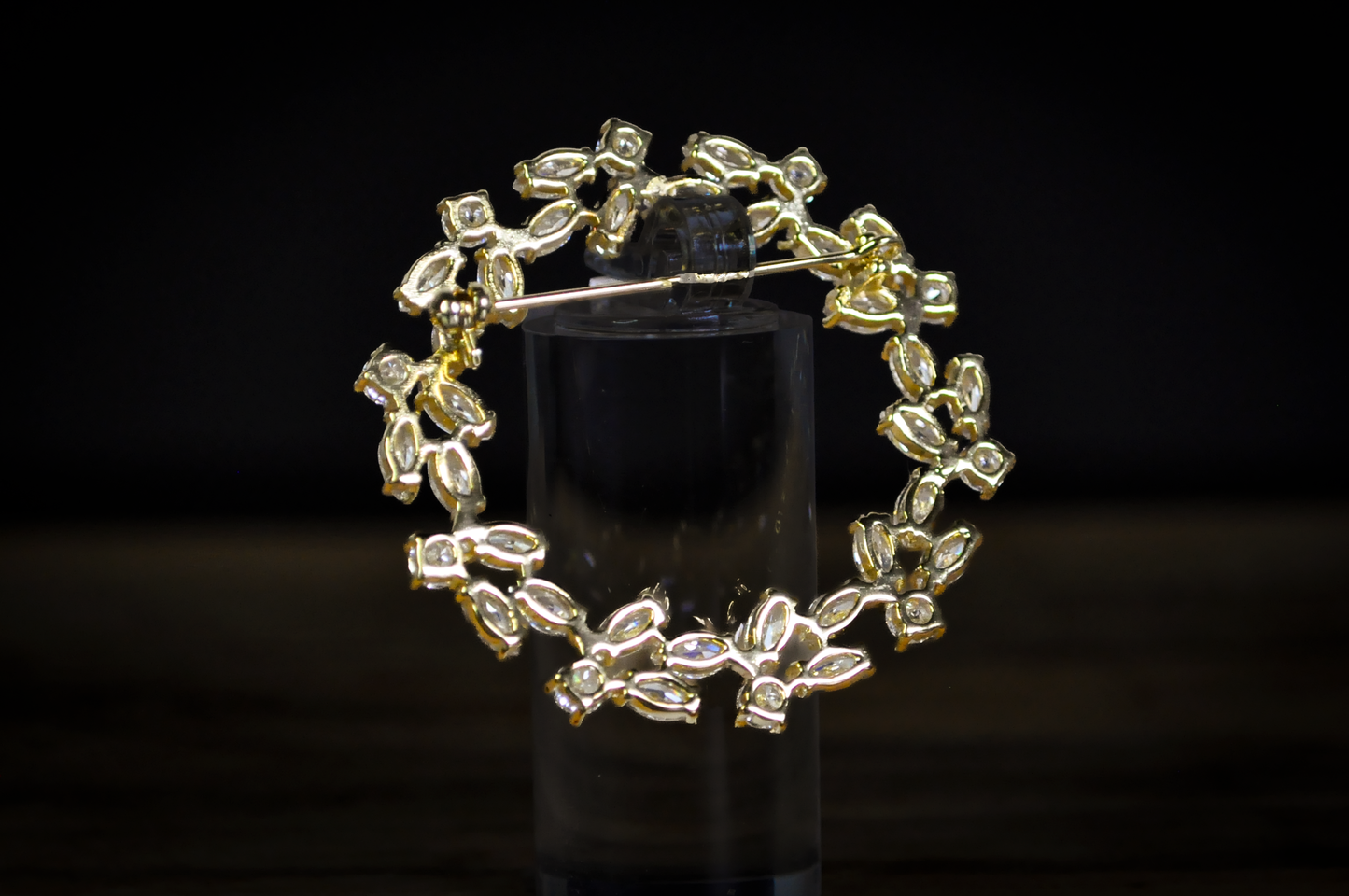 Vintage Wreath Brooch with Marquise Crystals - Vintage Gold Tone Floral Wreath Pin