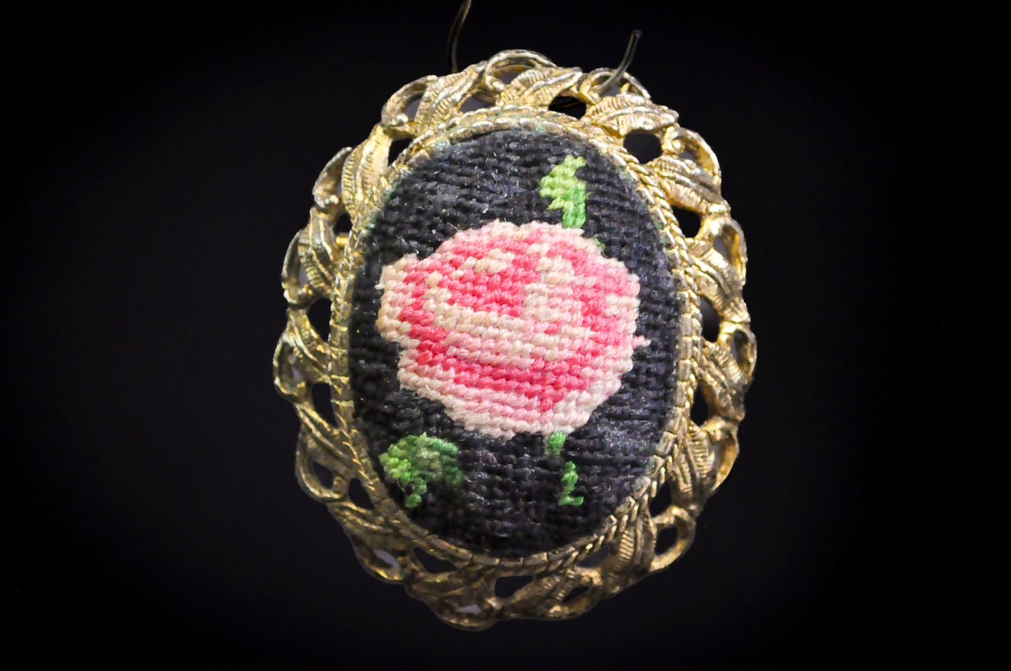Vintage Petit Point Jewelry Pink Rose Floral Needlework Brooch - Victorian Style Petit Point Rose Pin Gold Filigree Brooch 2-in-1