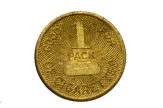 Antique Brass Token Good For 1 Pack of Cigarettes - Trade Token Redeemable For One Pack of Cigarettes