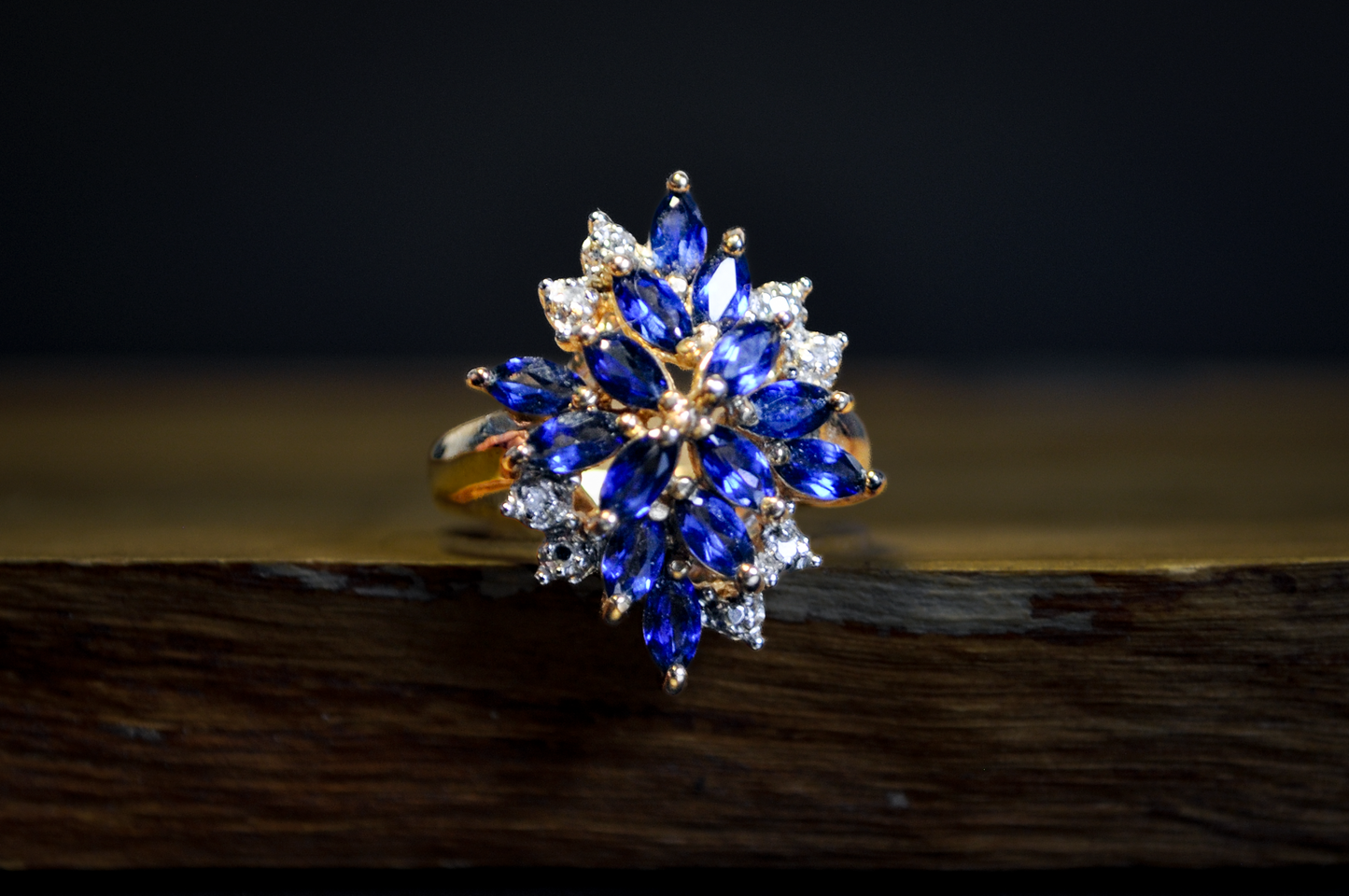 925 Gold Sapphire and Diamond CZ Cluster Ring - Blue Sapphire Marquise Cocktail Statement Piece Size 6