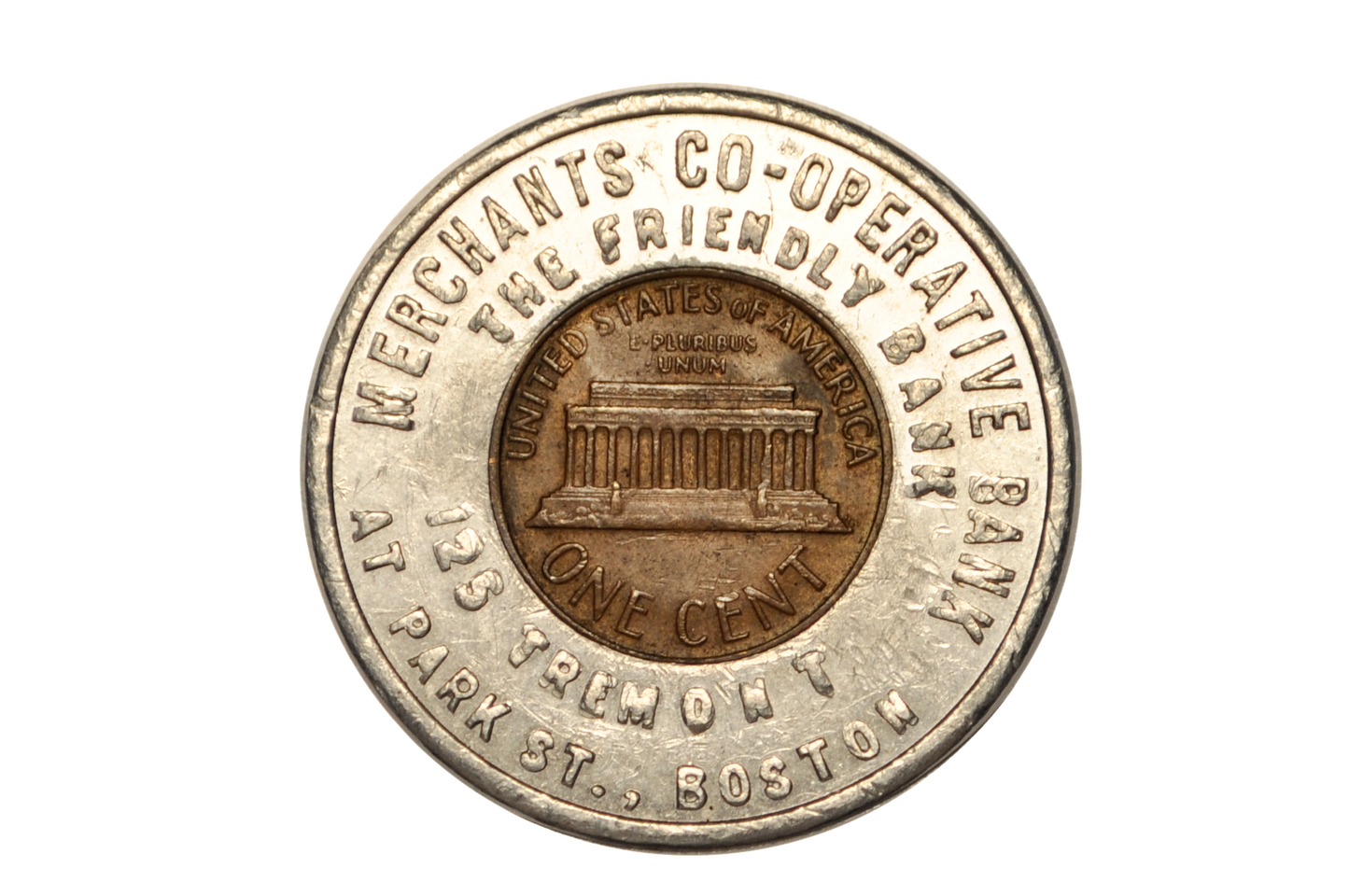 1968 Merchants Co-operative Bank of Boston Encased Penny Promotional Token - Boston Bank Promo Token 1968-D Good Luck Penny