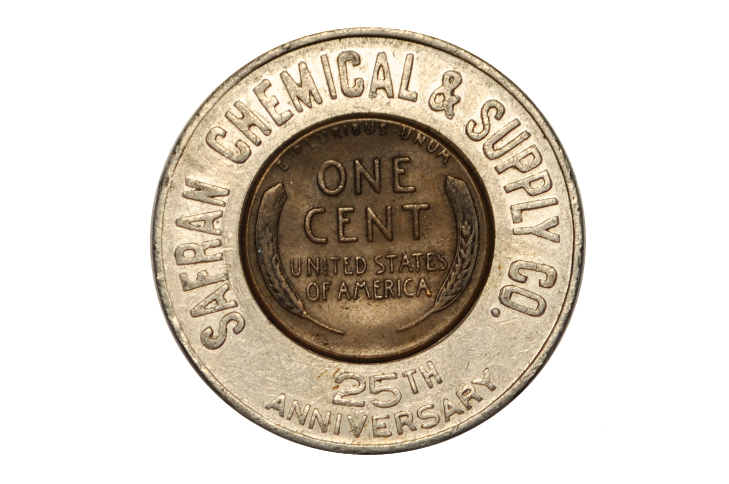 Safran Chemical & Supply Company Encased Penny Promotional Token - Good Luck Encased Penny 1958-D 25th Anniversary Chemical & Supply Co.