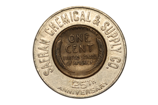 Safran Chemical & Supply Company Encased Penny Promotional Token - Good Luck Encased Penny 1958-D 25th Anniversary Chemical & Supply Co.