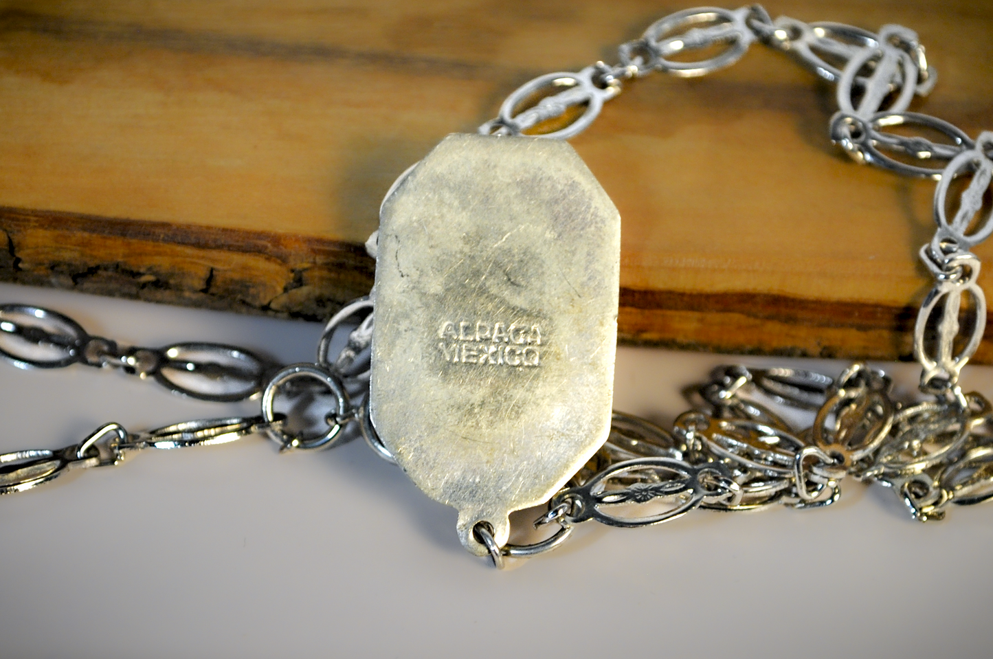 Antique Art Deco Alpaca Mexico Large Blue Necklace - Vintage Octagon Pendant Necklace with Sky Blue Inlay Stone With Textured Chain