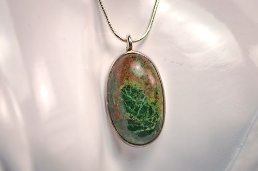 Dark Forest Green Sterling Silver Pendant With Copper Veining - Oval Cabochon Pendant Featuring Deep Green and Coppery Bronze Coloring