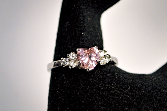 Vintage Size 11 Cubic Zirconia Pink Heart Statement Ring - Stunning Heart Pink Cubic Zirconia Sz 11