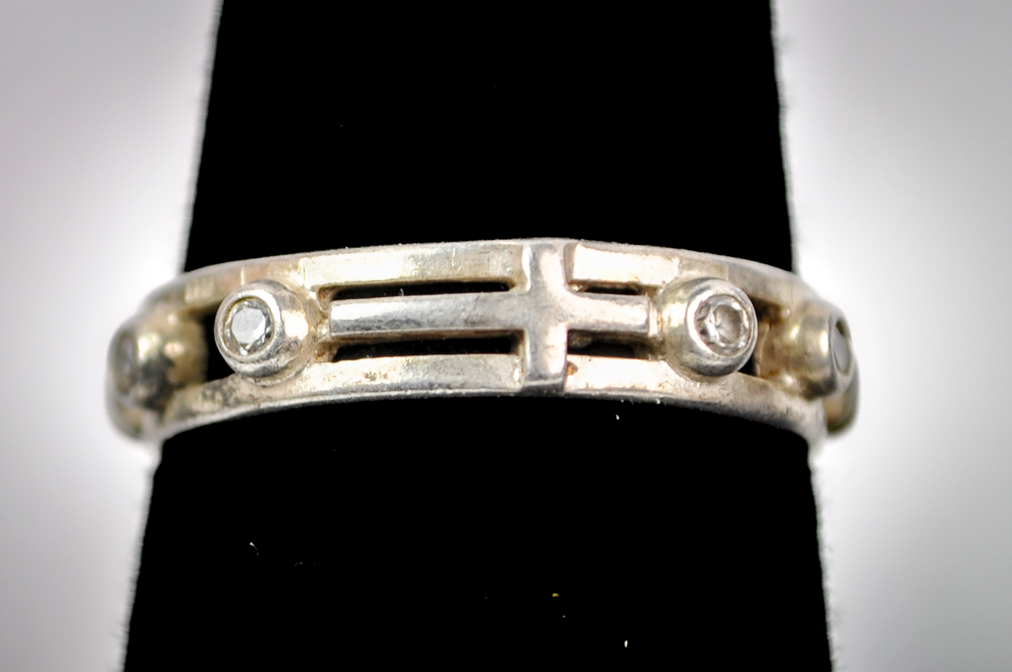 Size 8 Sterling Silver Ring with Central Cross and Bezel CZ Accents - 925 Sterling Silver Religious Cross Ring, Size 8