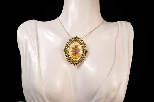 Vintage Oval Brooch Pendant Mid Century Botanical Jewelry - Real Pressed Flower Brooch Gold Ornate Filigree Framed Pendant