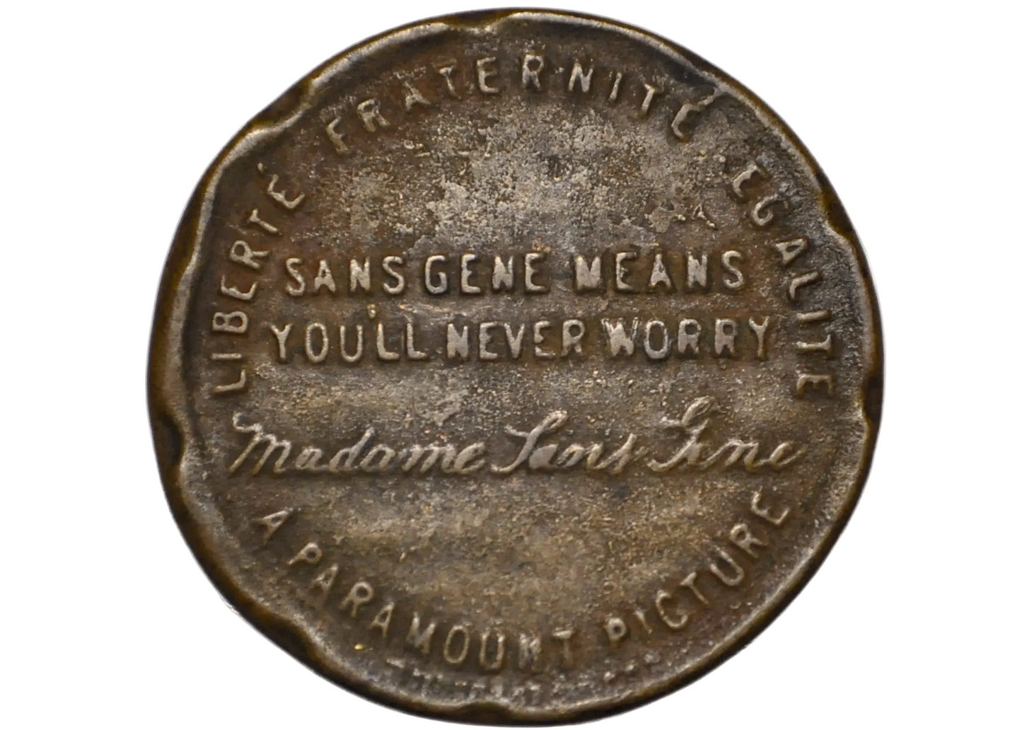 1925 Bronze Paramount Pictures Promo Token Gloria Swanson Movie - French Film Madame Sans Gene 1925