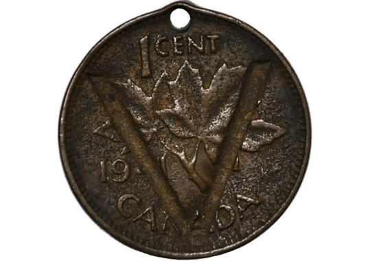 1941 Canadian One Cent Countermarked 'V' and Holed - Canadian One Cent Counter Stamped & Holed