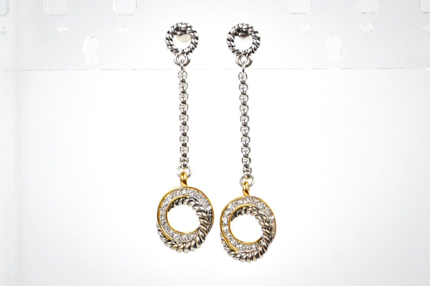 Mixed Metal Twisted Cable and Crystal Ring Dangle Earrings - Twisted Rope Circle Statement Dangles