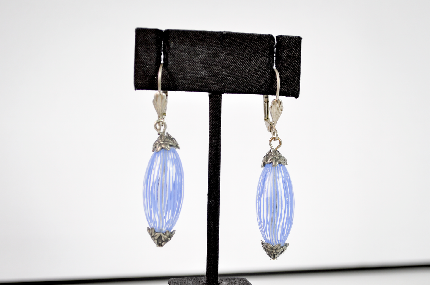 Murano Glass Oval Dangle Earrings Baby Blue and Clear Striped - Baby Blue Striped Glass Drop Earrings