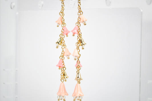 Cascading Floral Bell Drop Gold-Toned Earrings - Pink Bell Drop Long Dangle Earrings