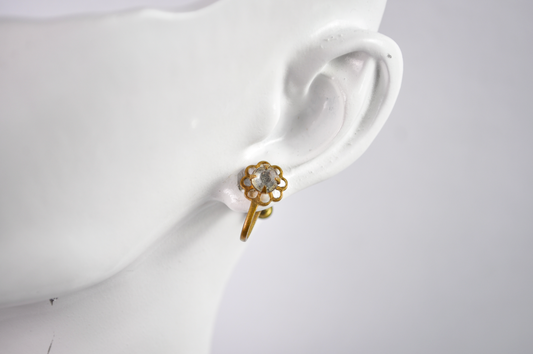 Antique Gold-Toned Flower Cluster Screw Back Earrings - Dainty Gold Clear Rhinestone Flower Statement Studs