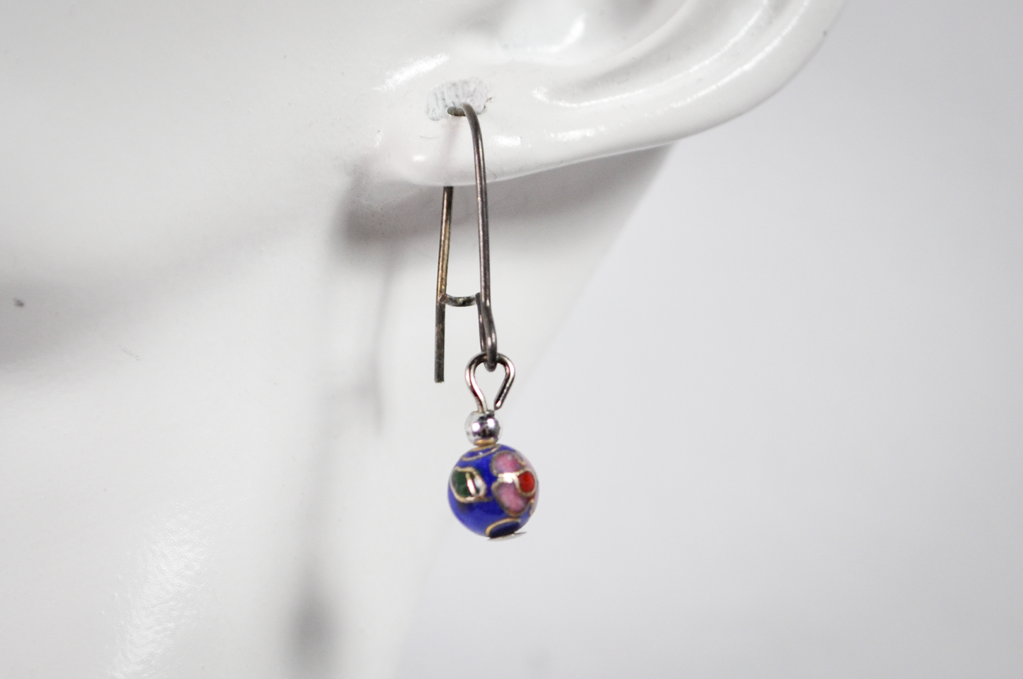 Vintage Chinese Floral Cloisonné Blue Bead Drop Earrings - Dainty Hand Painted Blue Floral Bead Dangle Earrings