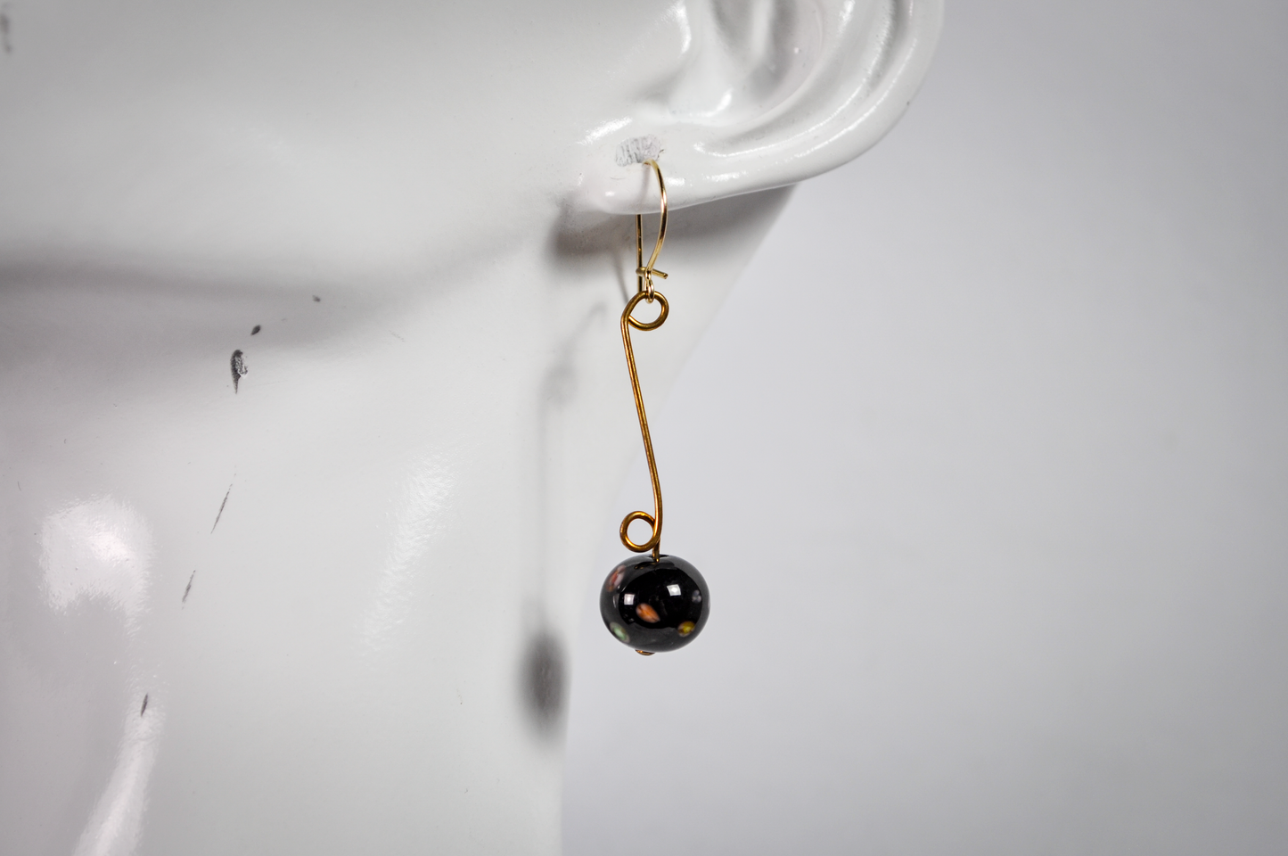 Vintage Black Graduated Abstract Floral Glass Bead Dangle Gold-Toned Earrings - Black Murrine Glass Bead Gold Dangles